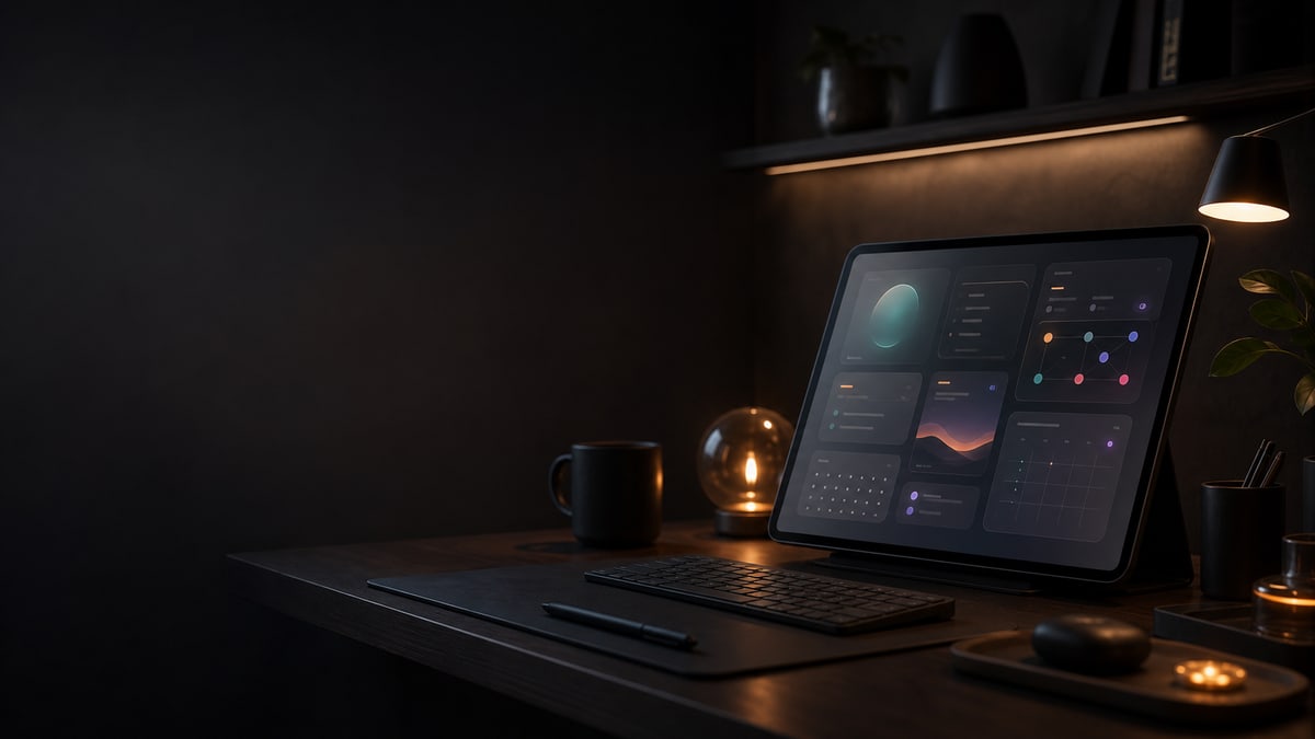 A dark premium workspace with a tablet showing an abstract operating system interface