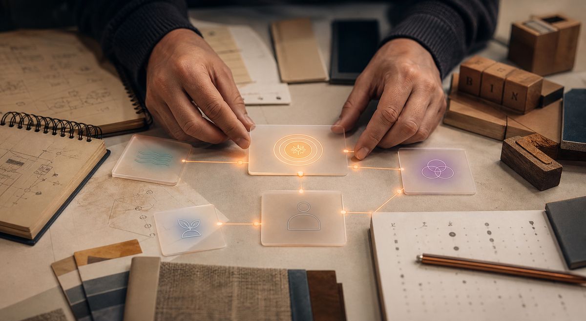 Hands arranging translucent cards into a connected system